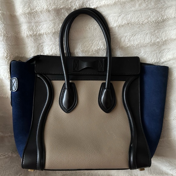 CELINE Tri-Color, Tan Calfskin Leather, Blue Suede, Black Trim, Luggage Tote Bag - Picture 2 of 11